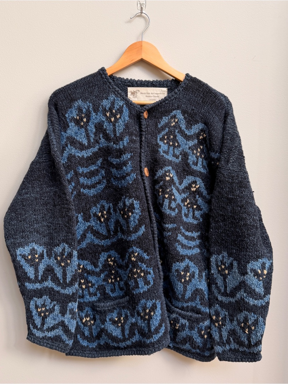 Hand-Knit Blue Floral Pattern Cardigan Sweater